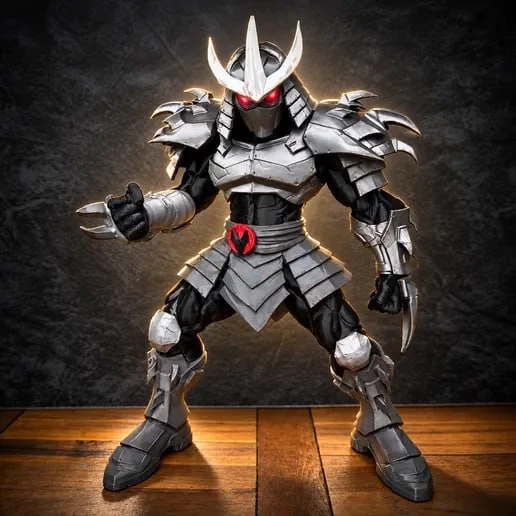 Shredder in horned armor with red eyes and clawed gauntlets