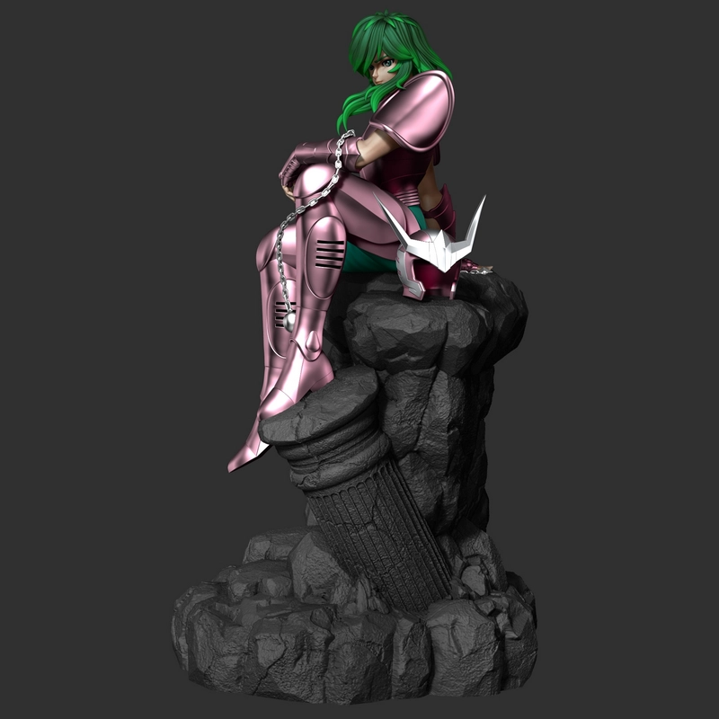 Shun from Saint Seiya in pink armor seated on a rocky statue base