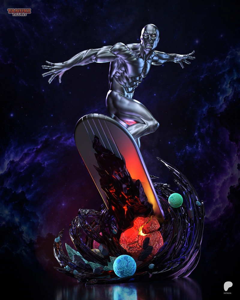 Silver Surfer Marvel figure riding a board above a cosmic wave