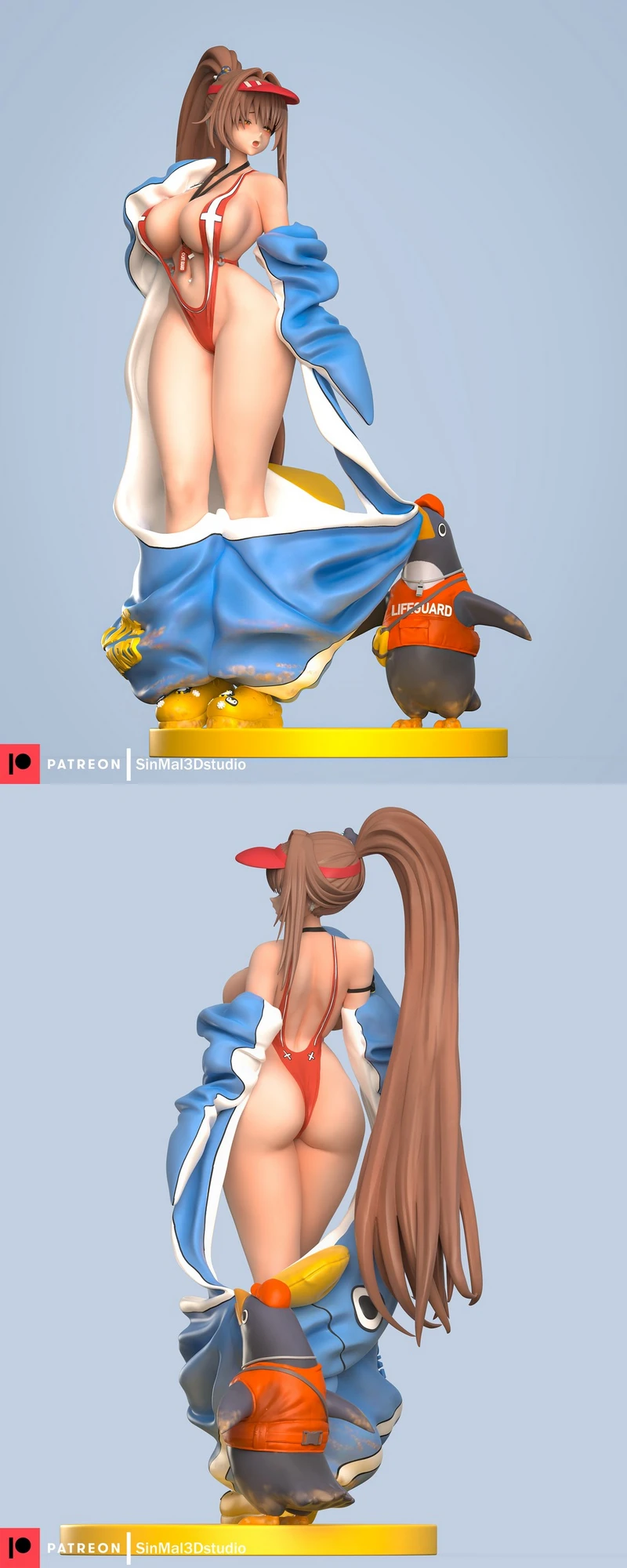 Marciana Goddess of Victory: Nikke statue with blue drapery and penguin