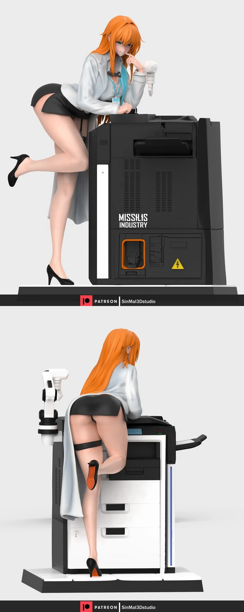 Maxwell from Goddess of Victory: Nikke posed beside a large industrial machine