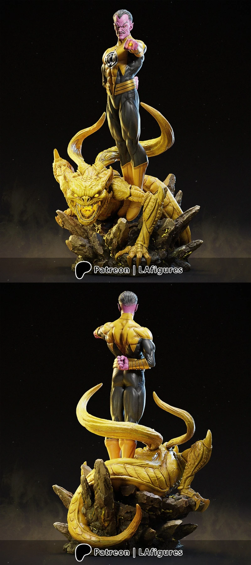 Sinestro statue in a yellow-and-black uniform standing on a horned creature