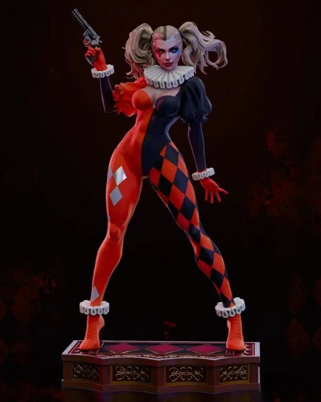 Harley Quinn DC Comics 3D figure with a pistol on an ornate display base