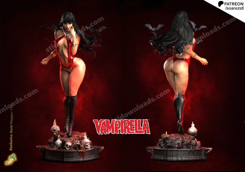 Vampirella figurine in a red costume on a skull-and-bat gothic display base