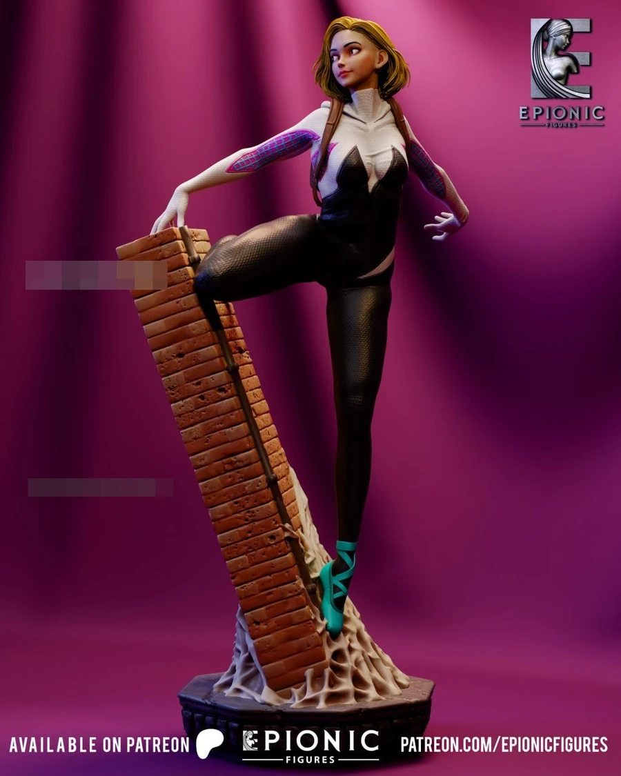 Spider-Gwen Marvel character statue posed against a sculpted brick wall