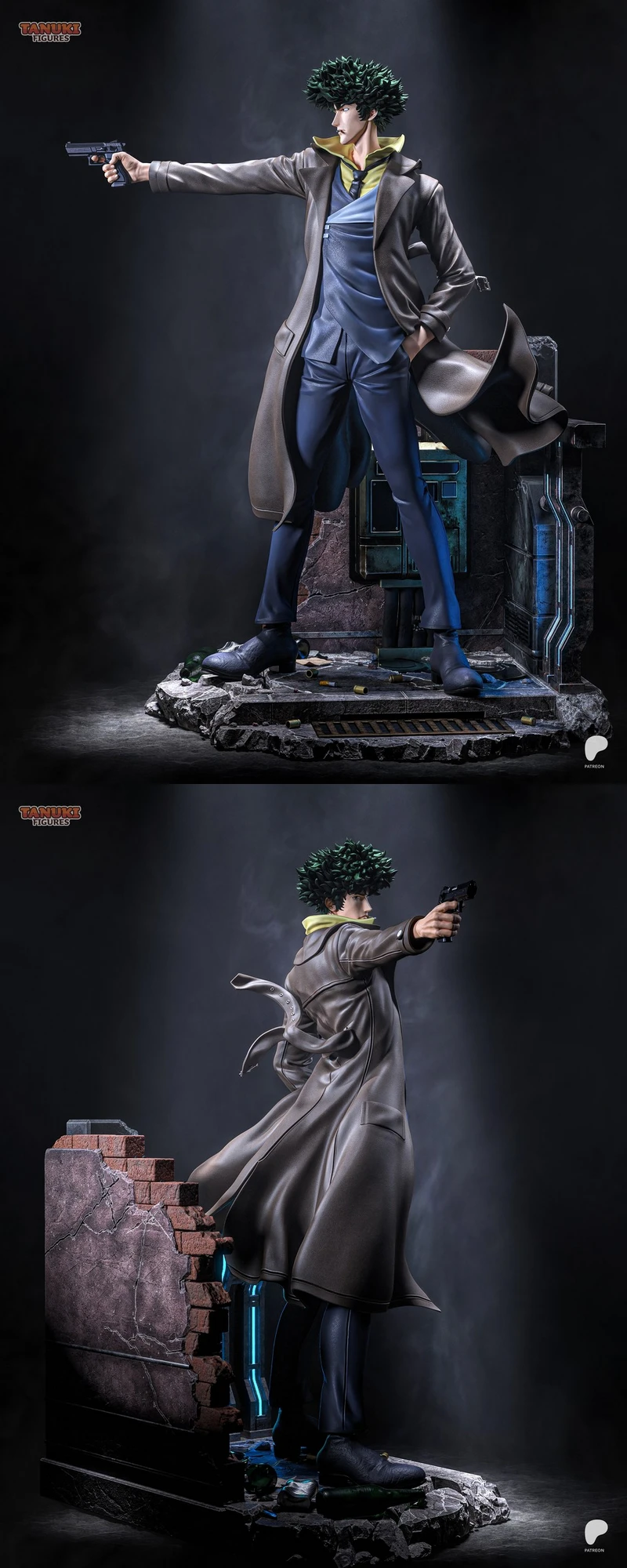 Spike Spiegel Cowboy Bebop figure aiming a pistol on a sci-fi display base