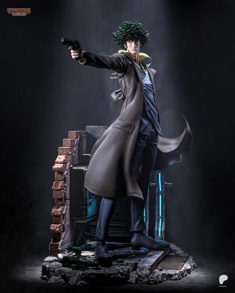 Spike from Cowboy Bebop in a long coat, aiming a pistol on a sci-fi street base