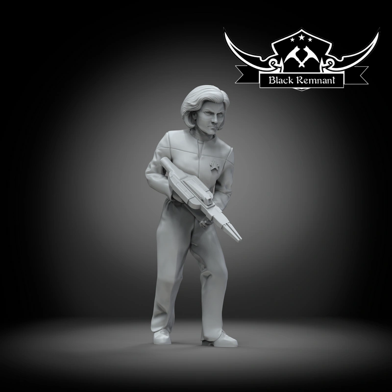 Kathryn Janeway Star Trek 3D figure holding a science-fiction rifle