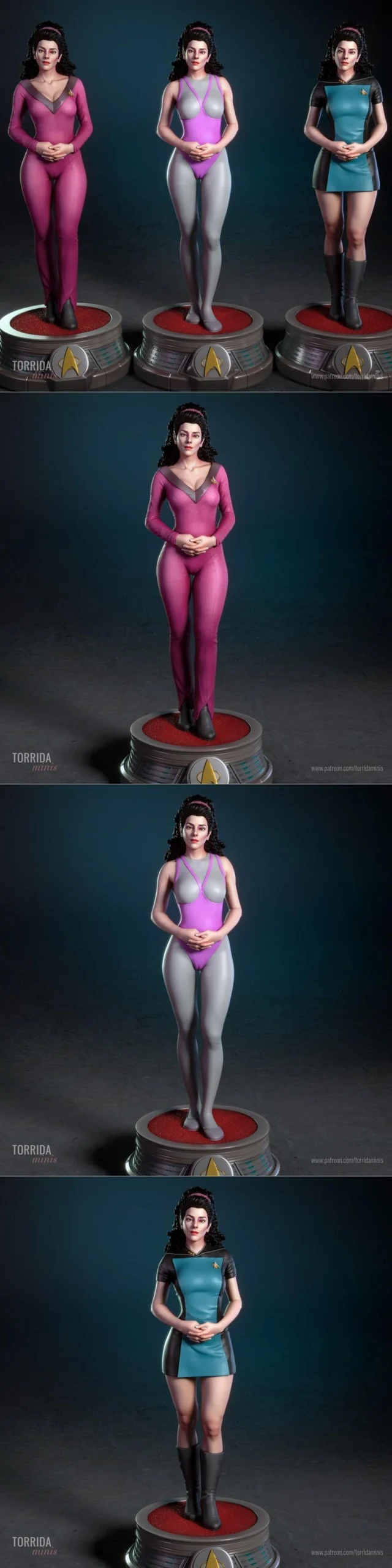 Deanna Troi Star Trek figure in three costume variations on display bases