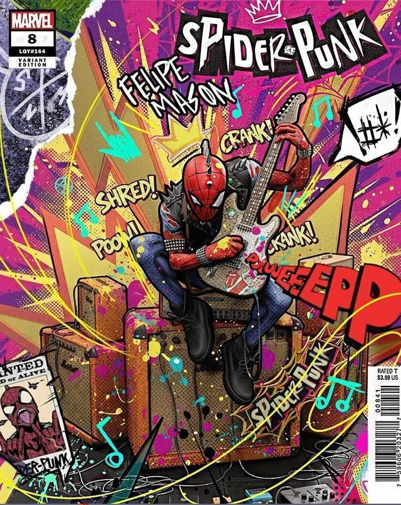Spider-Punk Marvel character in a punk outfit holding a guitar