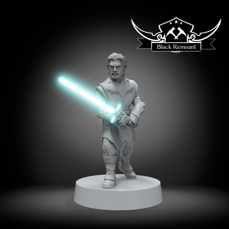 Stellan Gios Star Wars figure holding a blue lightsaber on a display base