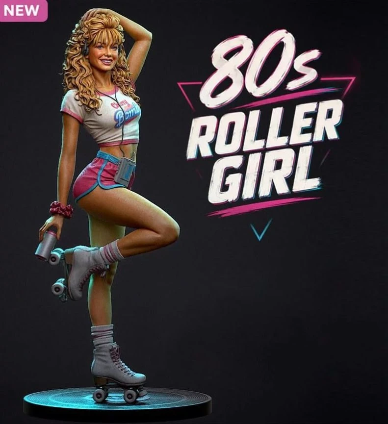 Original 80s roller girl 3D figure on roller skates and a round display base