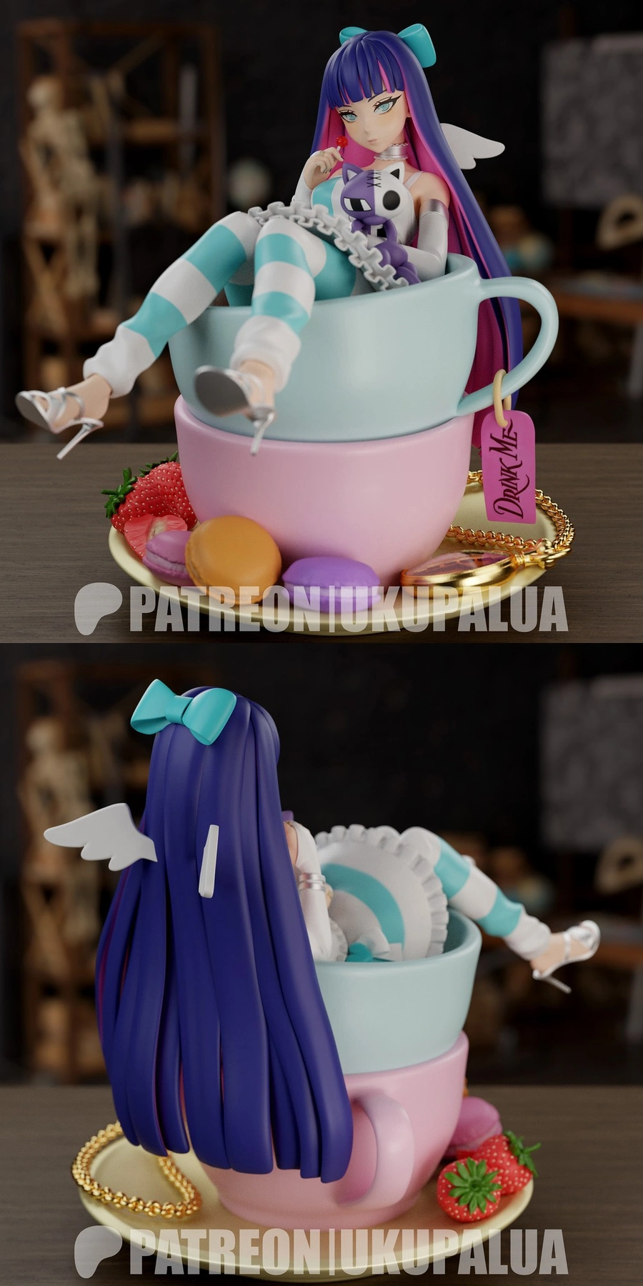 Stocking Anarchy fan art figure seated in pastel cups with wings and striped stockings