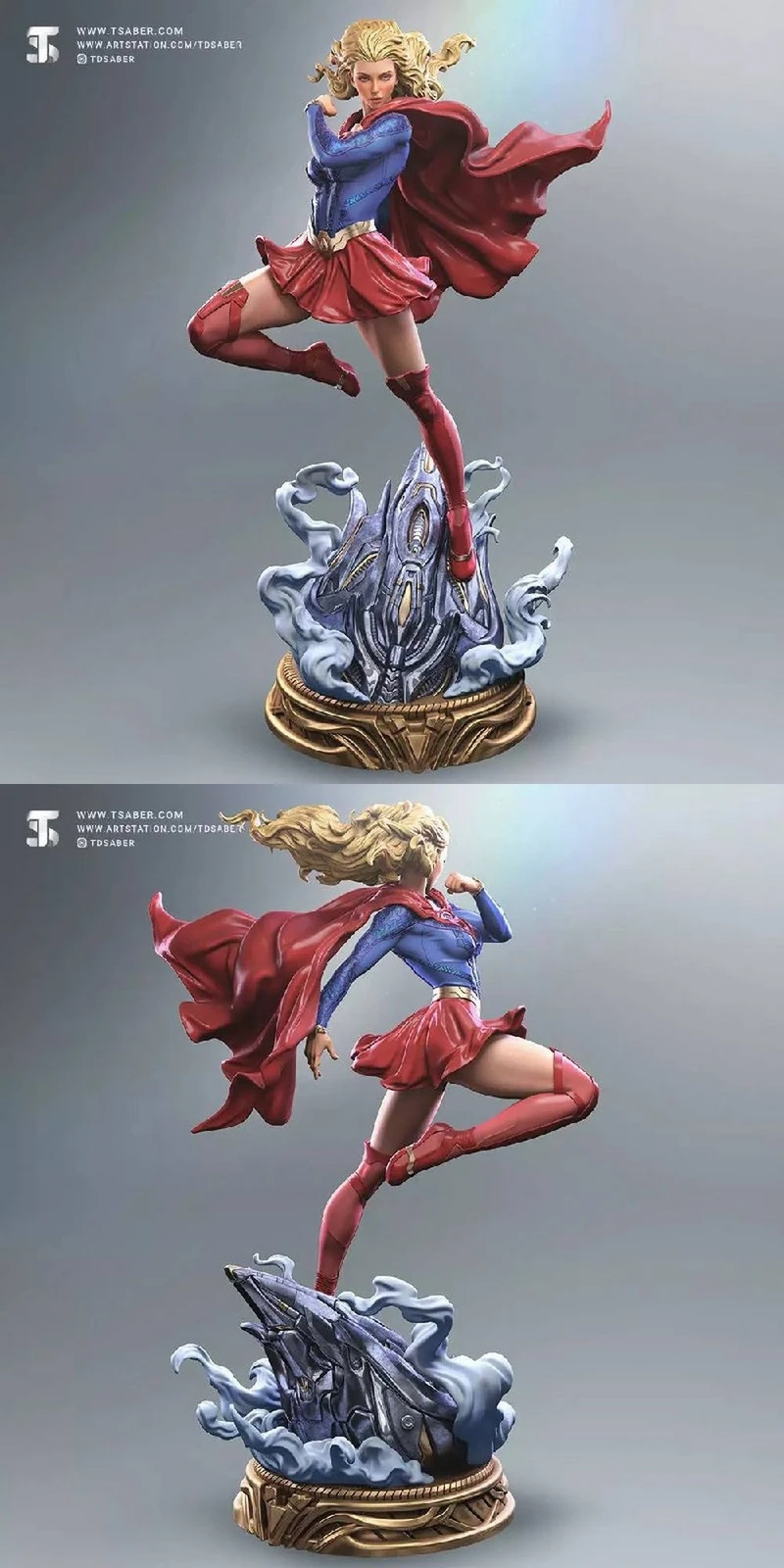 Supergirl flying statue with red cape on an ornate sci-fi base