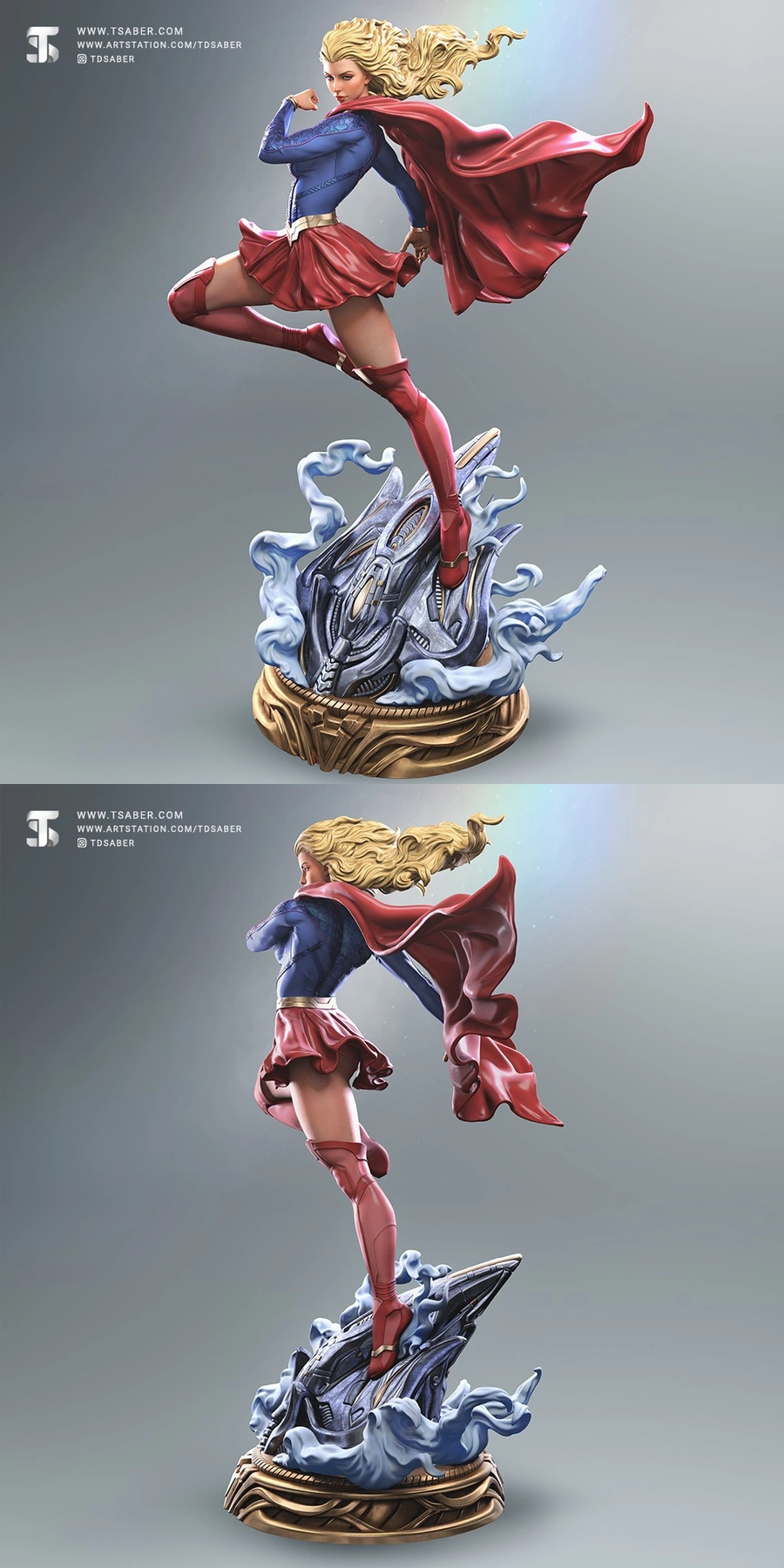 Supergirl statue in flight above a mechanical base with flowing cape