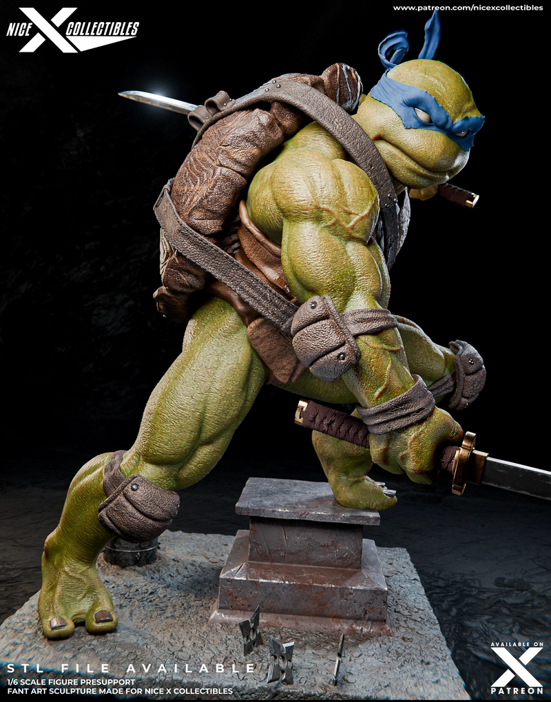 Leonardo Teenage Mutant Ninja Turtles figure in a dynamic pose with blue mask, shell and swords