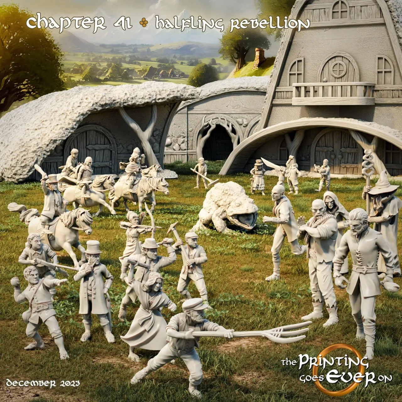 Fantasy halfling rebellion scene with mounted figures, villagers, creatures, and burrow-style buildings