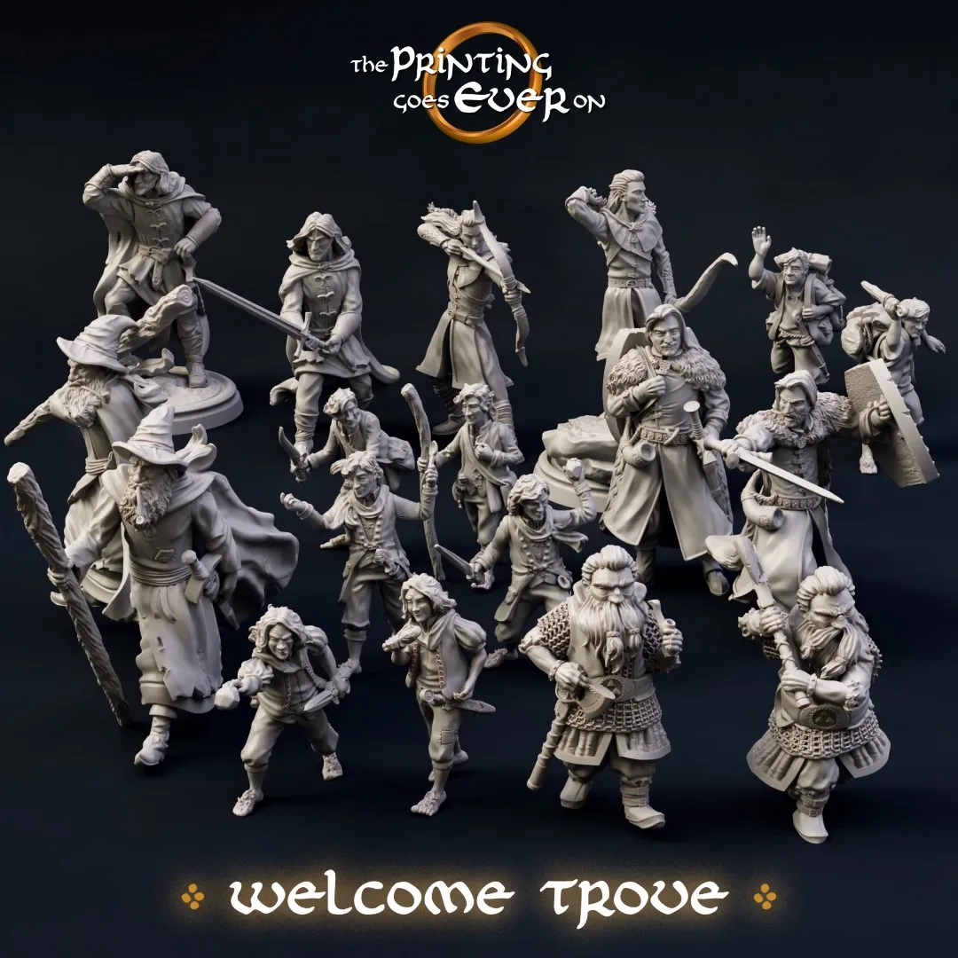 Original fantasy miniature collection with adventurers, warriors, dwarves, and robed figures