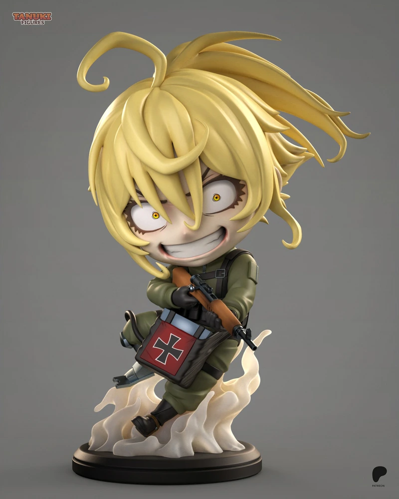 Chibi Tanya Degurechaff figure with rifle, red satchel, and smoke-effect base