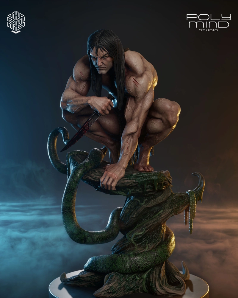 Tarzan crouching with a knife on a snake-wrapped tree trunk statue