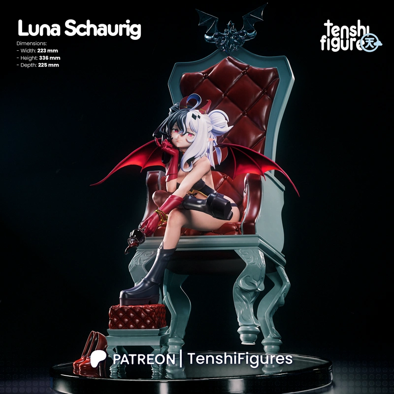 Luna Schaurig original demon character seated on an ornate throne with red bat wings
