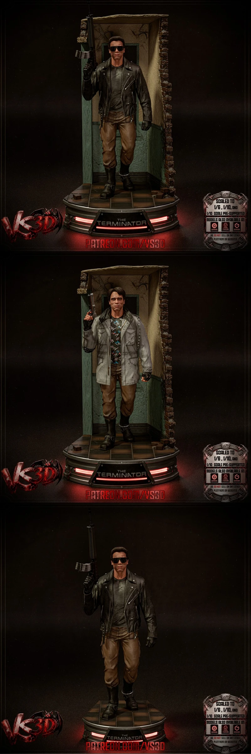 The Terminator full-body 3D figure with sunglasses, leather jacket, rifle and display base