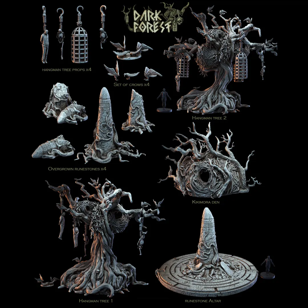 Dark fantasy terrain set with a hangman tree, runestones, cages, crows, and altar