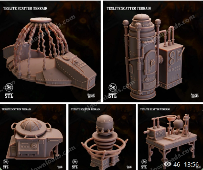 Original sci-fi scatter terrain set with industrial towers, machinery, platforms, and a domed structure