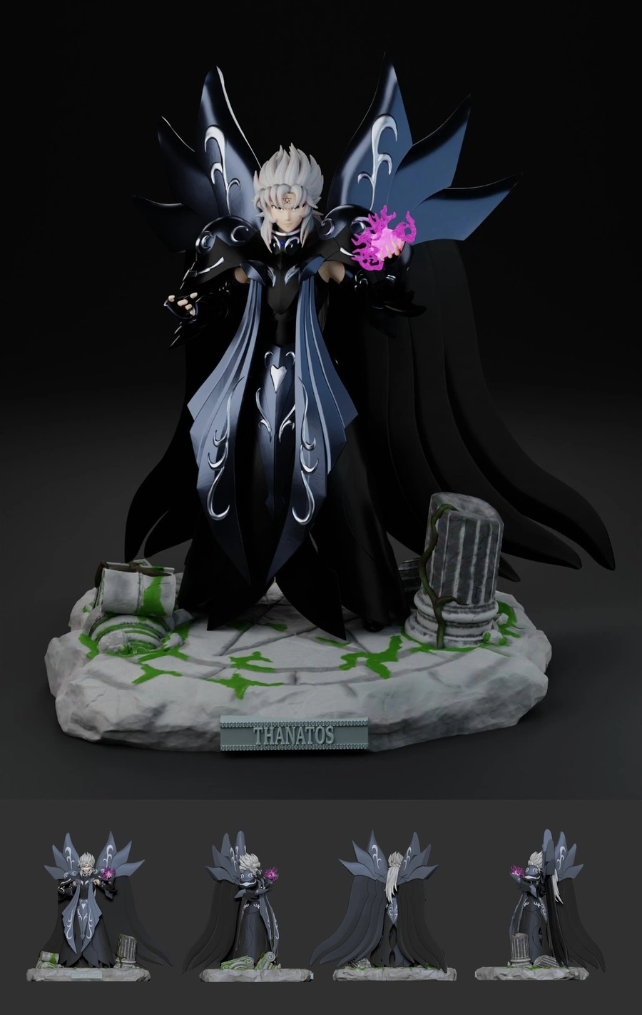 Thanatos from Hades 3D model with wings, dark armor, cape, and stone ruin base
