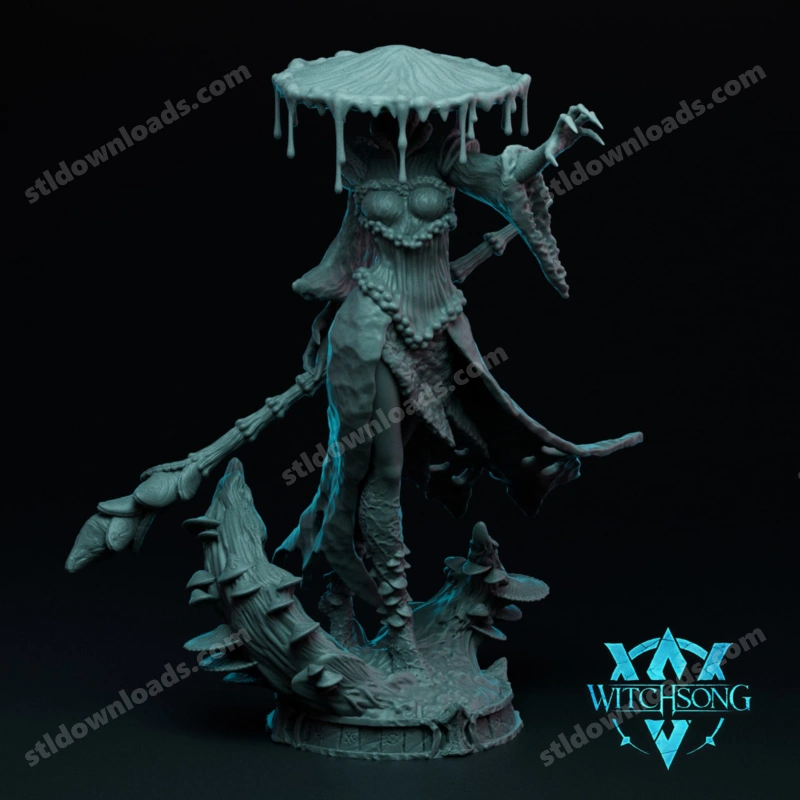 Fantasy fungal queen statue with dripping mushroom cap, staff, and mushroom-covered base
