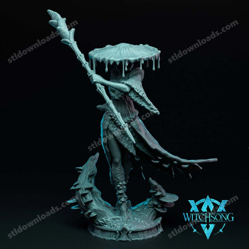 Original fungal queen 3D model with mushroom crown, staff, cloak, and organic base