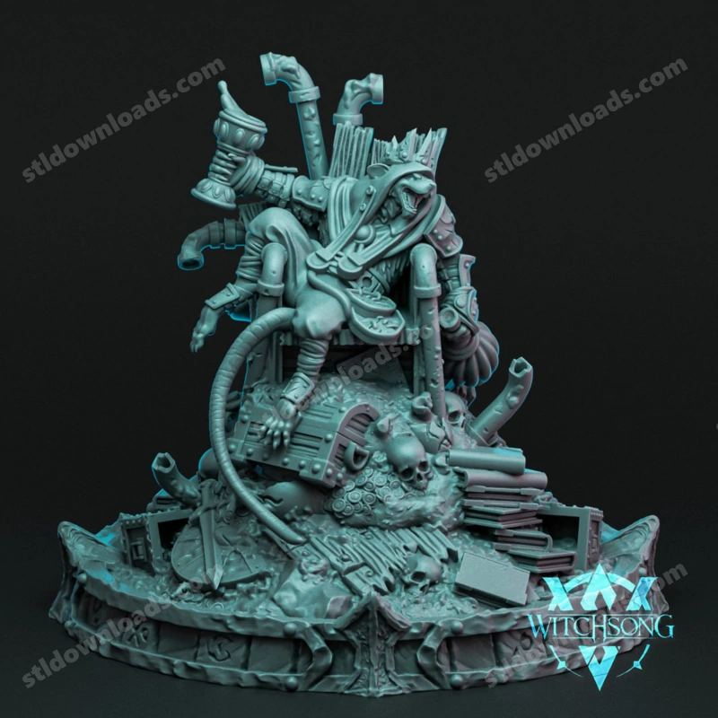 Original fantasy rat king seated on an ornate throne with pipes, books, skulls, and a detailed base