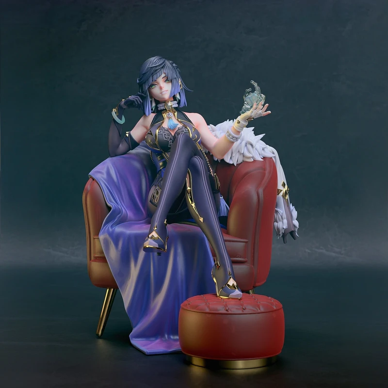 Yelan from Genshin Impact seated in a red armchair with a purple outfit