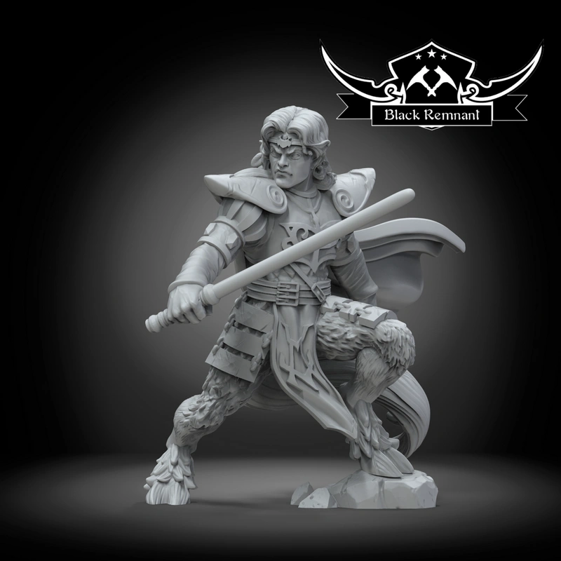 Valenthyne Farfalla fantasy character statue with armor, staff, cape, and animal-like legs