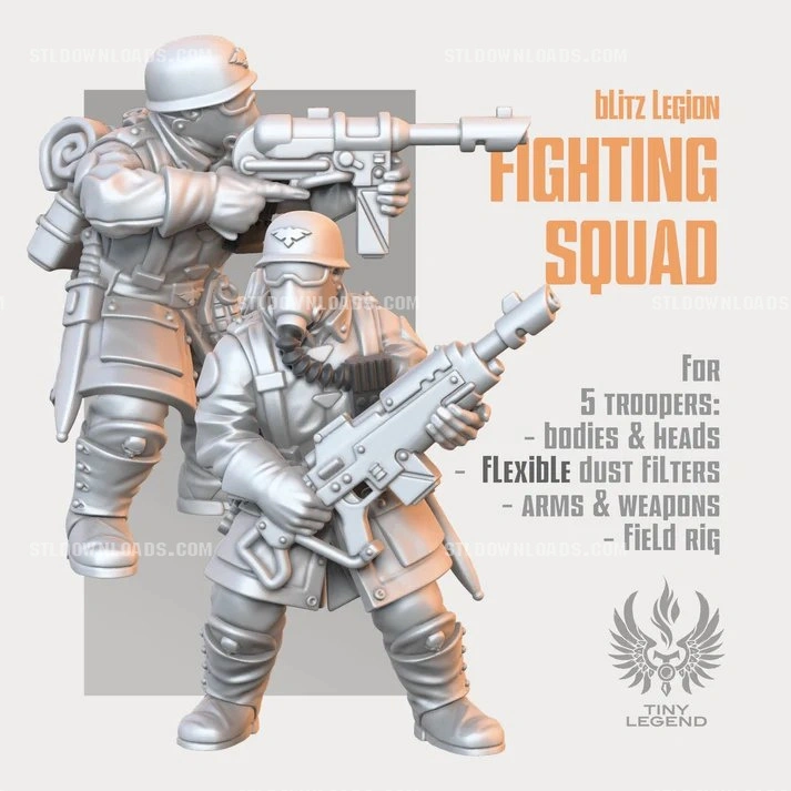 Armored sci-fi trooper squad with helmets, rifles, dust filters, and field gear