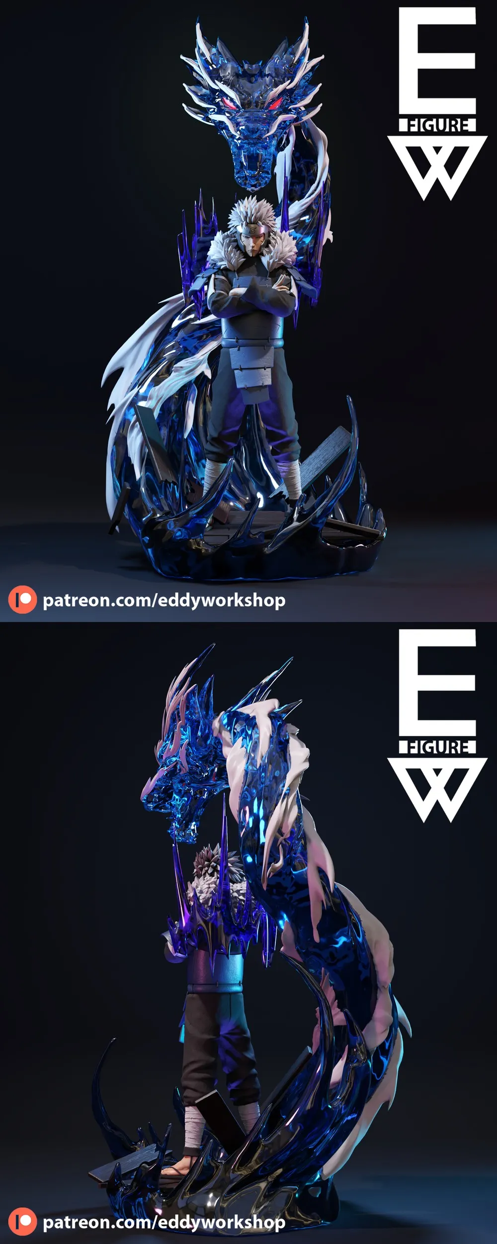 Tobirama Senju Naruto statue with a blue dragon effect