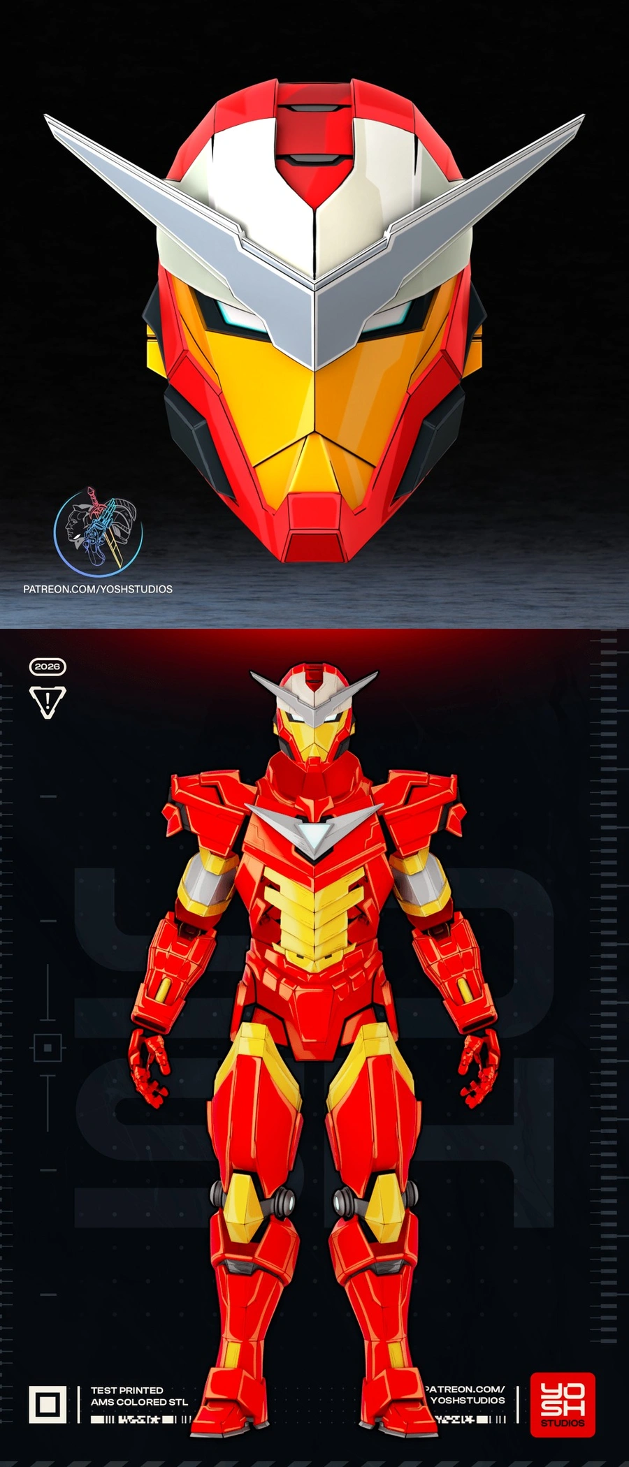 Tokon Iron Man armor STL showing red and gold full-body suit and angular helmet
