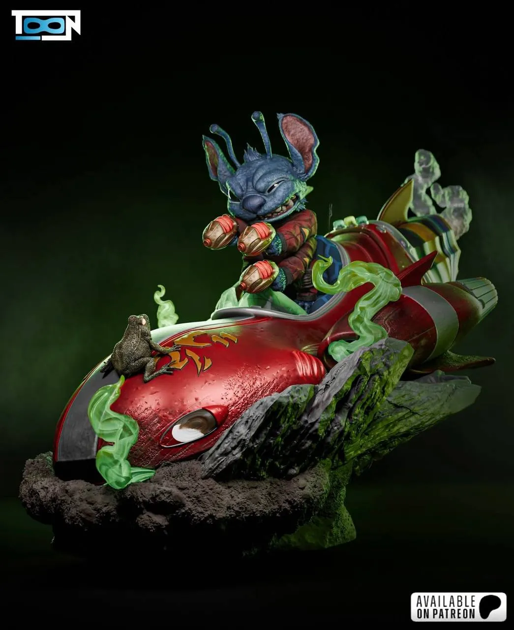 Stitch character perched on a colorful red vehicle diorama