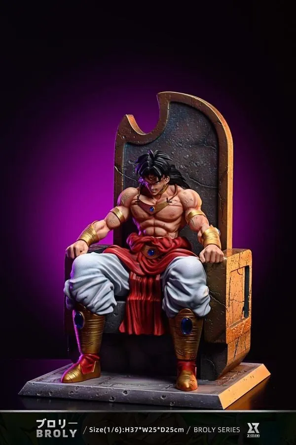 Broly Dragon Ball Z seated on an ornate throne with a sculpted base