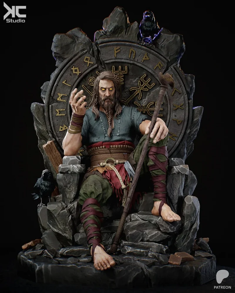 Seated Tyr from God of War statue with staff, runic throne and ravens