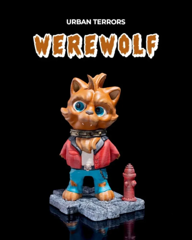 Stylized werewolf figurine in streetwear beside a fire hydrant on a textured base
