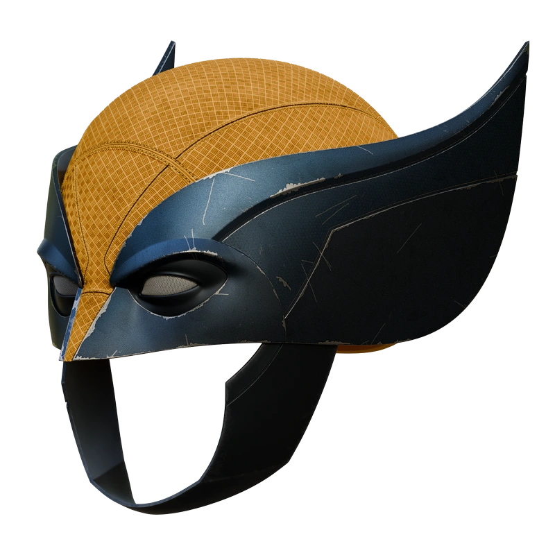 Wolverine cosplay mask 3D model with pointed fins and gold textured crown