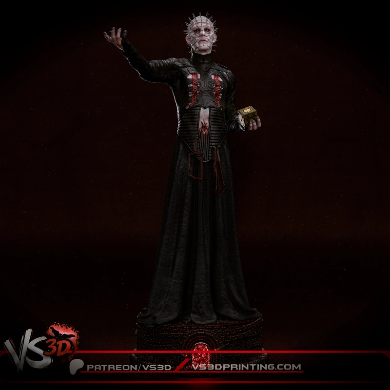Pinhead from Hellraiser in a dark robe with pins and puzzle box