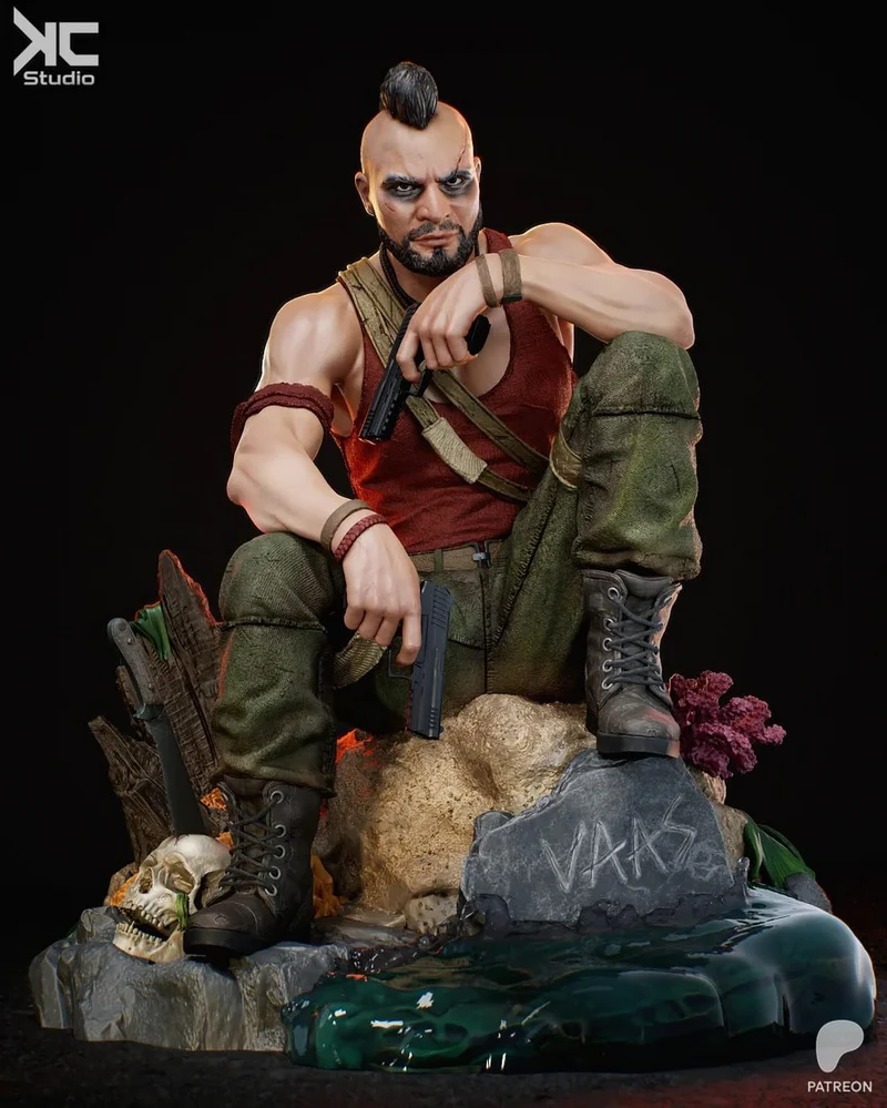 Vaas Montenegro seated with a pistol on a rocky Far Cry display base