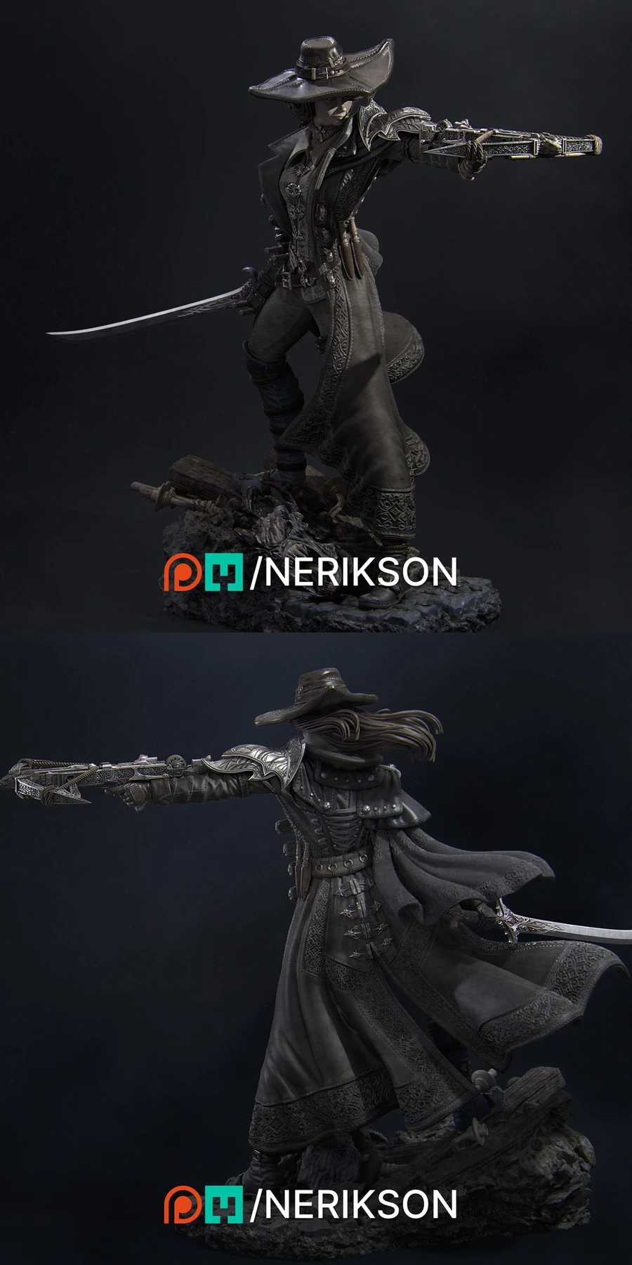 Valeria the Nighthunter figure with a sword, firearm, hat, and ornate coat