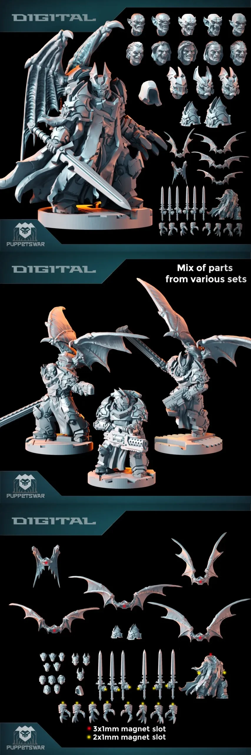 Armored winged vampire miniatures with alternate heads, swords, bats, claws, and modular parts