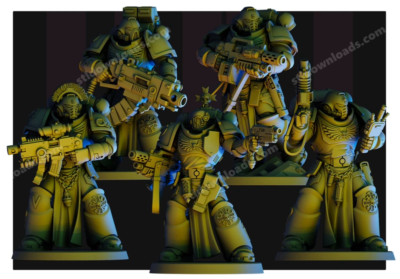 Five armored Warhammer 40,000 Veteran Space Marines with weapons on display bases