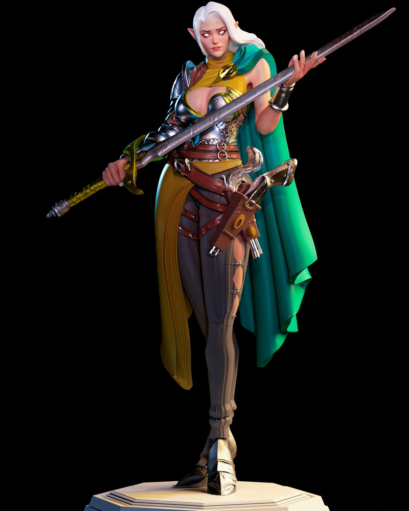 Original elf girl figure with white hair, armor, teal cape, spear, and sword