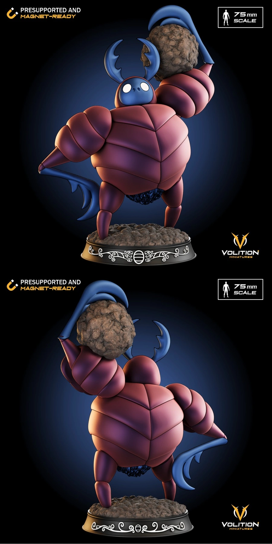 Dung Defender Hollow Knight miniature with horns, armor, dung ball, and display base