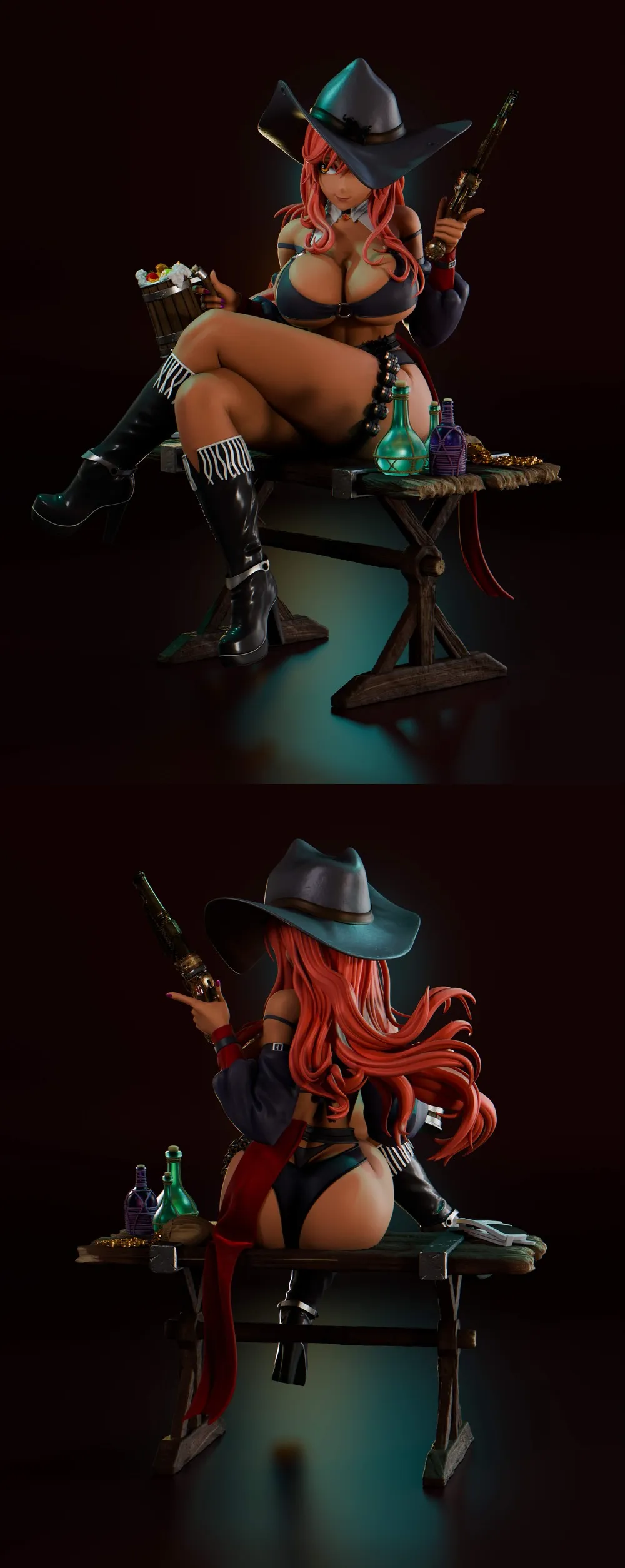 Volume from Goddess of Victory: Nikke seated with a pistol, hat, boots, bottles, and wooden props